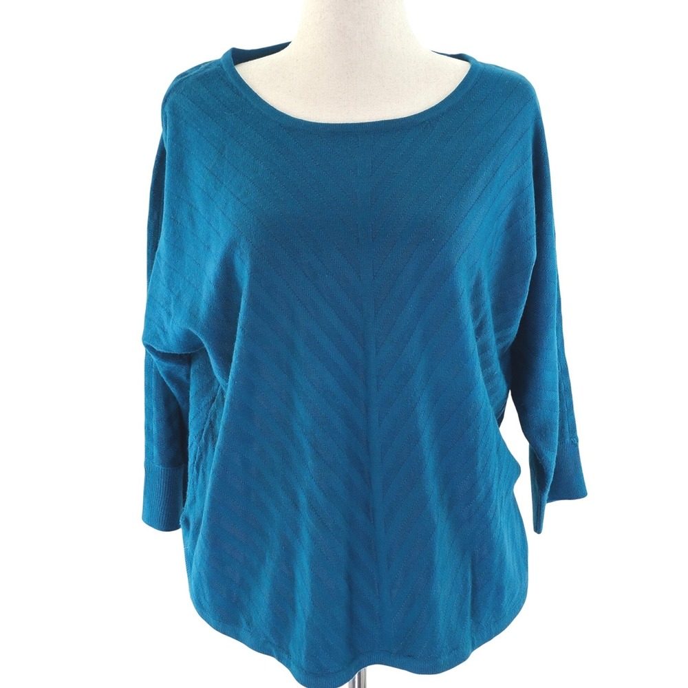Dana Buchman Sweater Women XL Teal Blue Chevron Knit Dolman 3/4 Sleeve Boat Neck